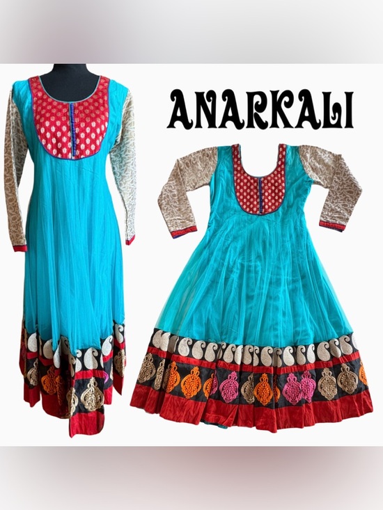 Dresses & Skirts - Turquoise Anarkali Pullover Dress with Red & Multicolor Embroidered Hem (Sm~Med)